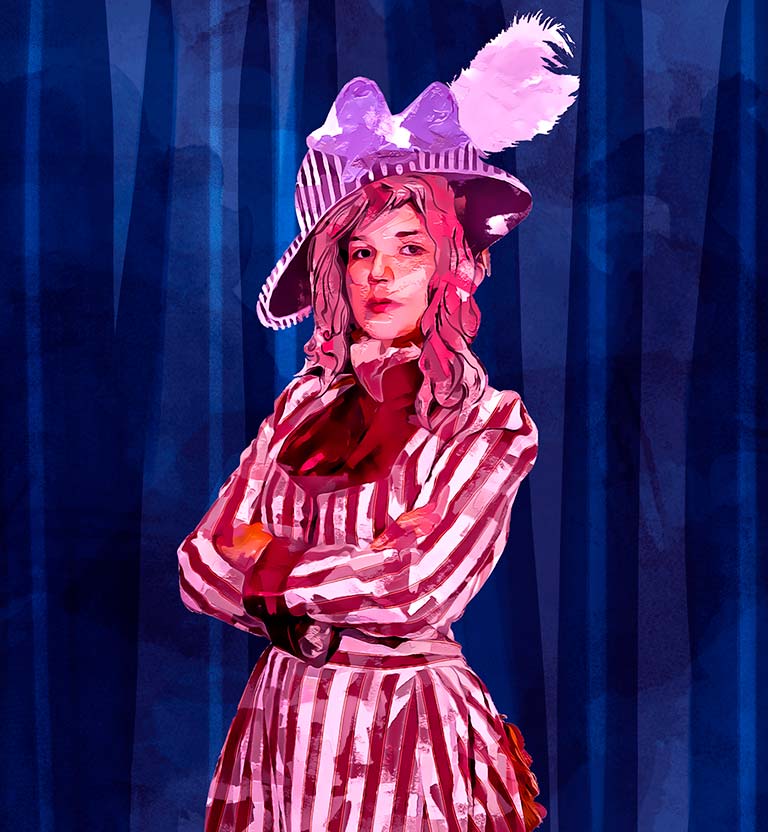 Joven con vestido y sombrero rosa extravagante