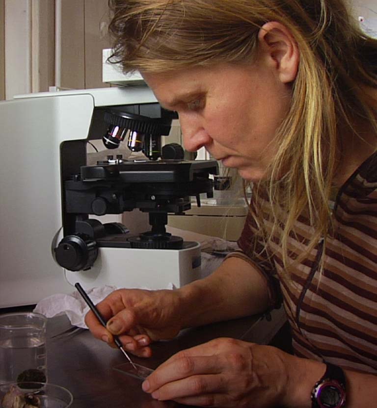 Científica colocando una muestra en una placa, al fondo un microscopio.