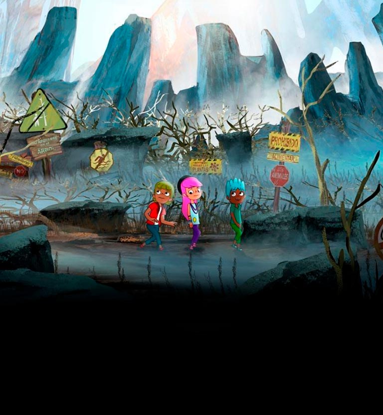 Niños caminando entre rocas