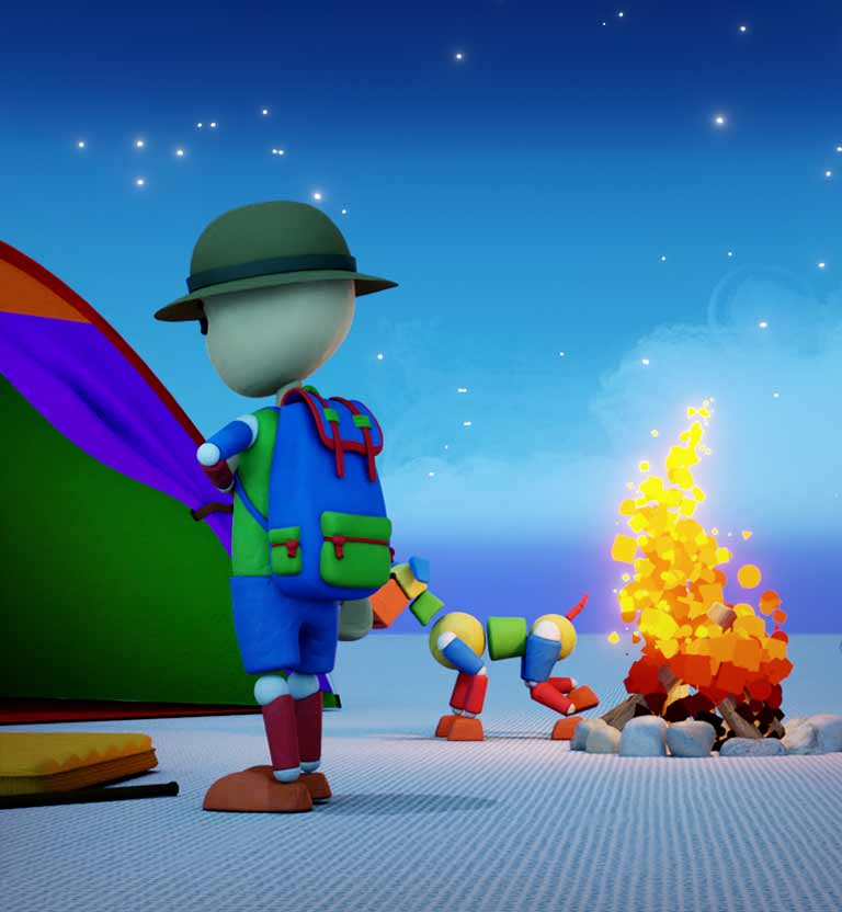 Personajes animados arman fogata