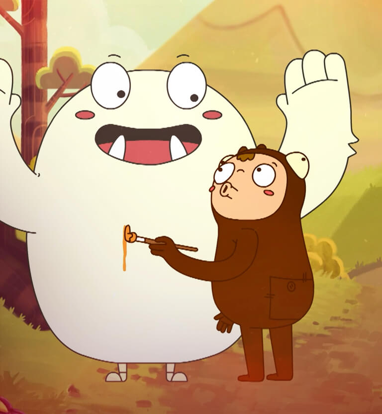 Monstruo café pinta de anaranjado a un monstruo blanco 