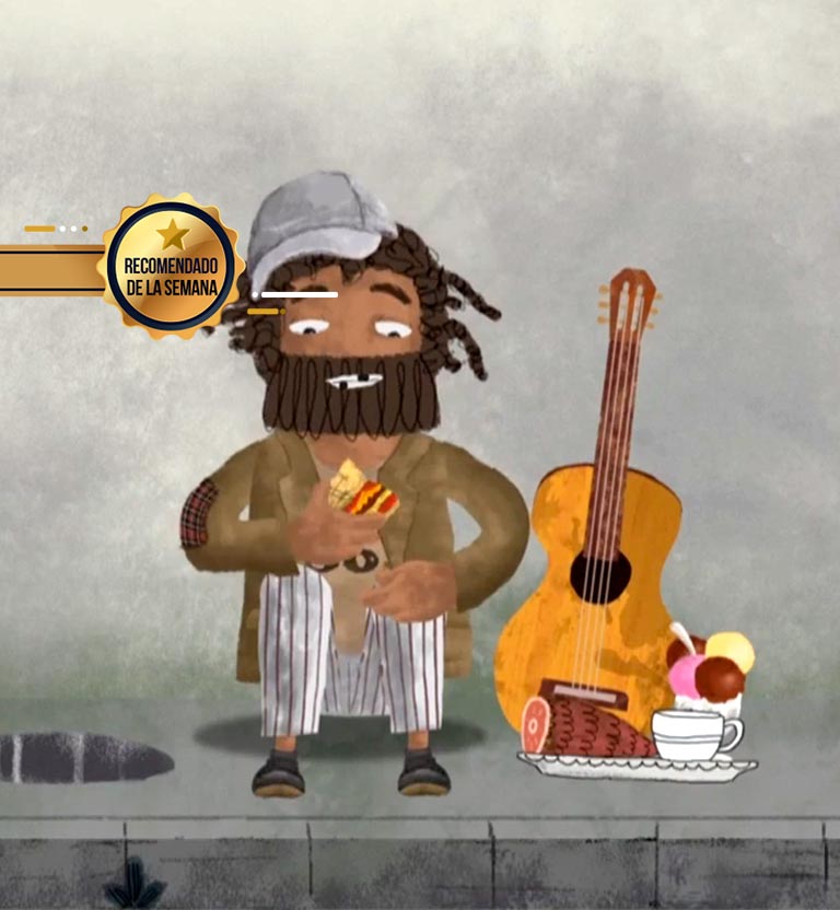 Caricatura de un vagabundo con su guitarra comiendo