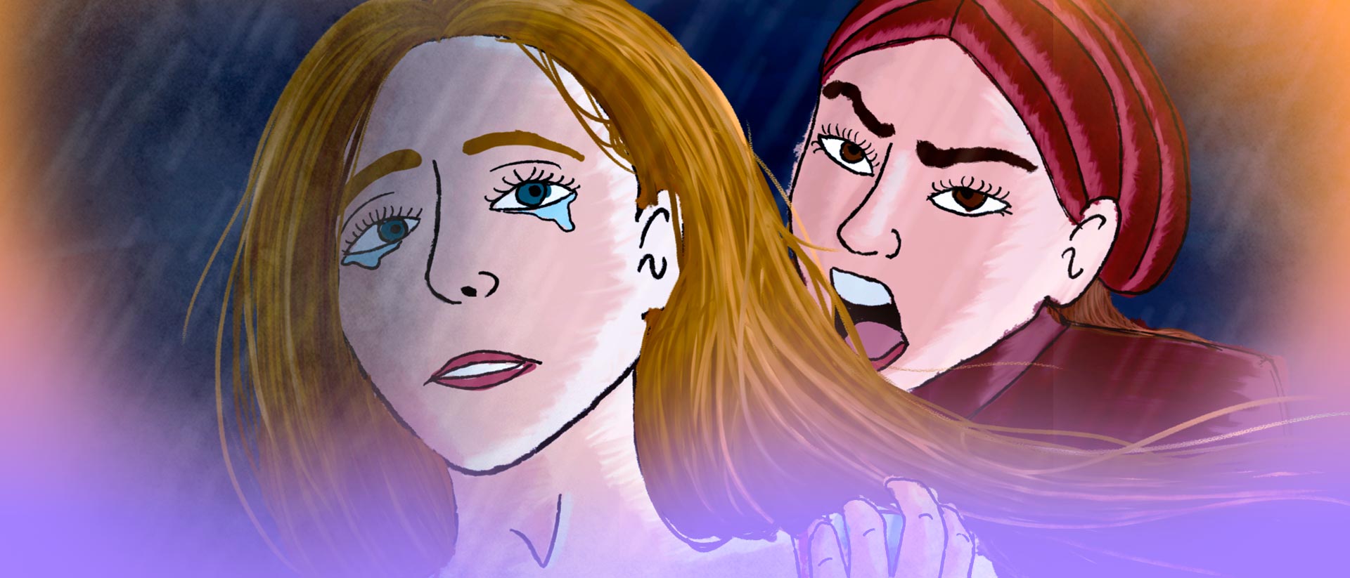 niña rubia llorando y niña peliroja le grita atrás