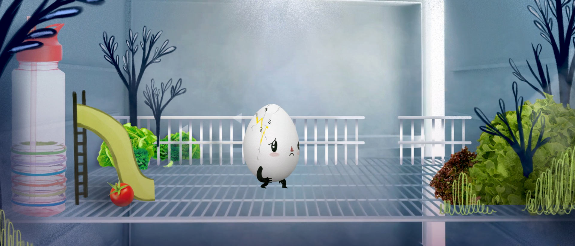 Un huevo con grietas en la nevera