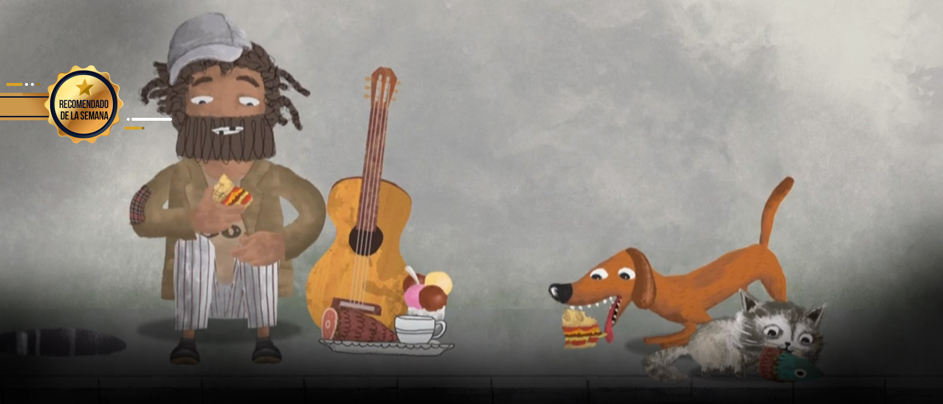 Un vagabundo con su guitarra junto a perro