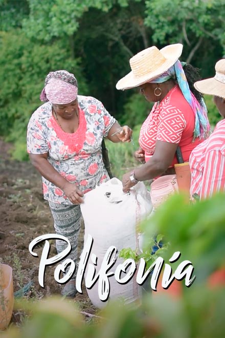 dos mujeres afro adultas sosteniendo un costal con alimentos de la cosecha