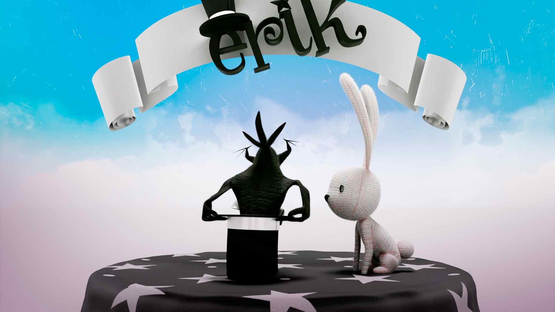 Conejo mirando un sombrero mágico con brazos