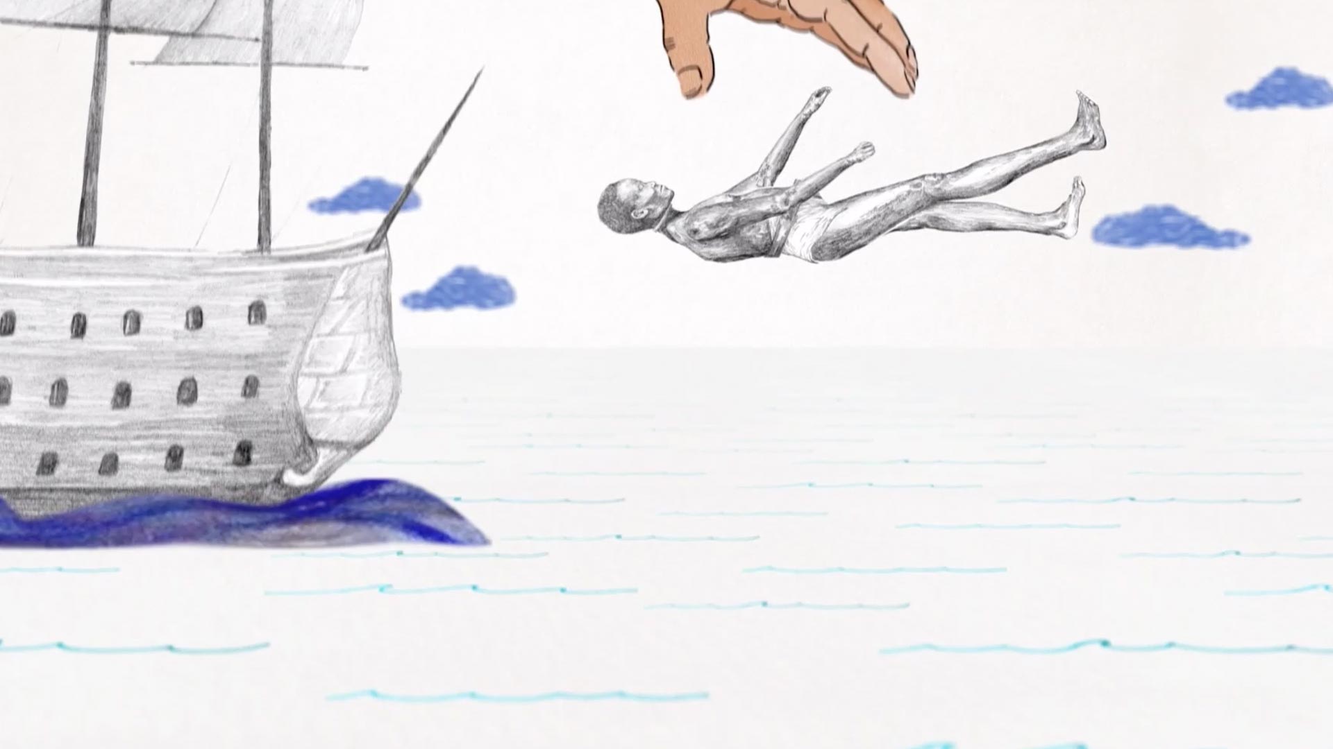 Ilustración de un esclavo arrojado al mar por una mano - Bicentenario: anécdotas de voz a vos