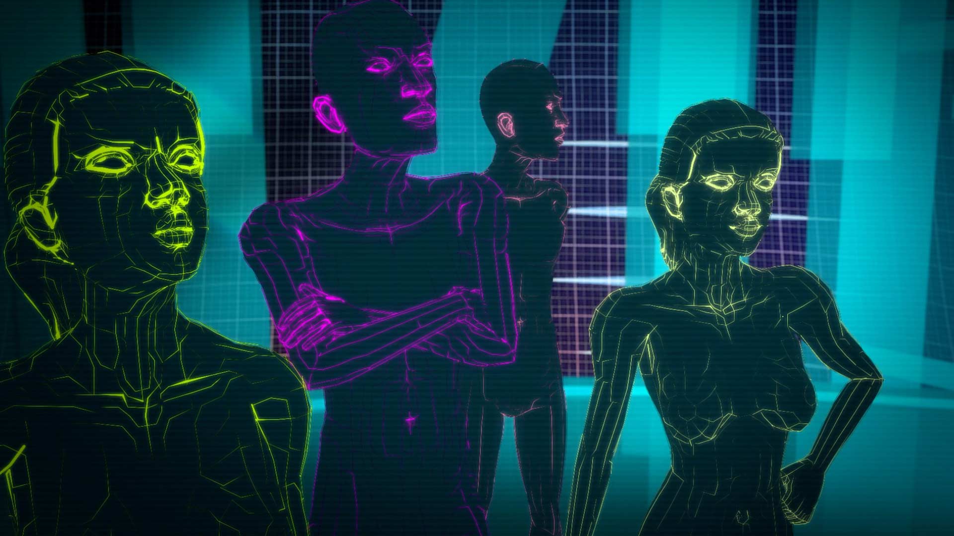 cuatro personas con cuerpos luminosos 