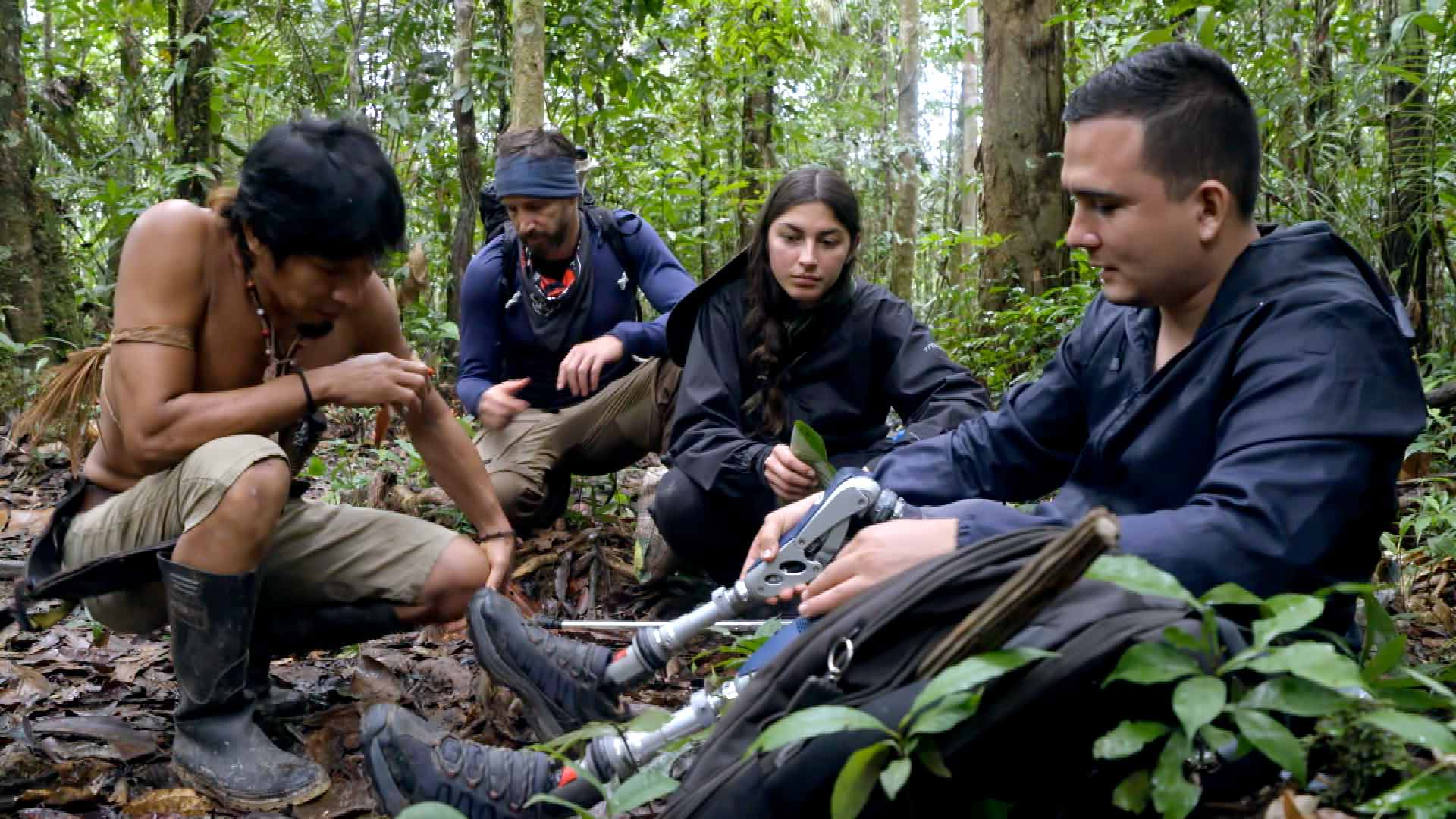 personas sentadas en la selva charlando 