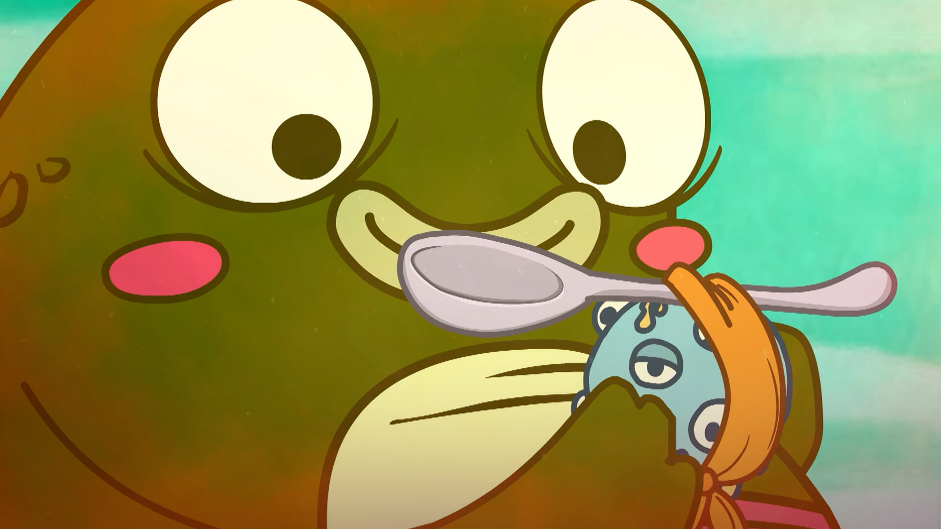 Sapo con una cuchara hambriento 