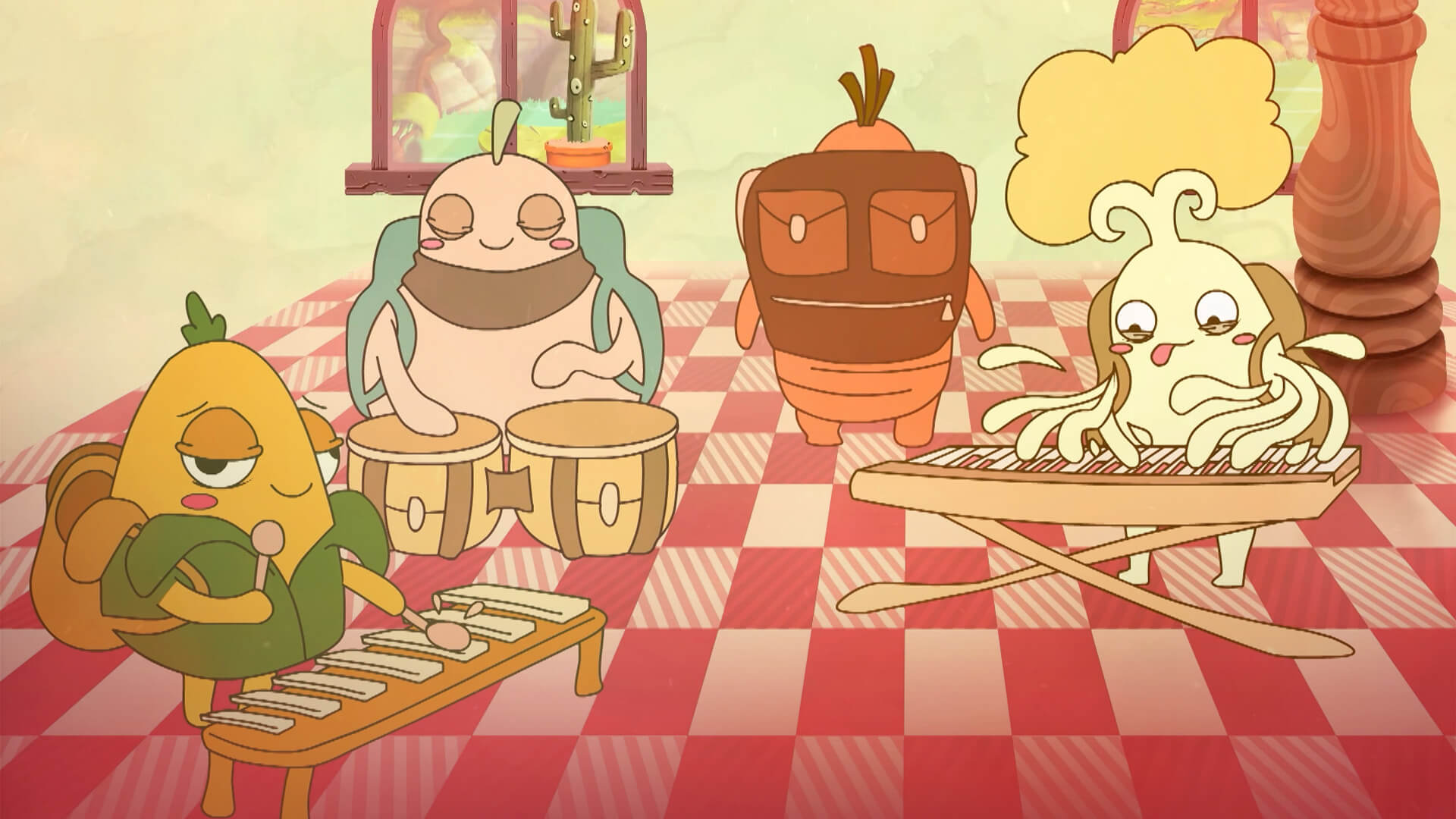 Las verduras en una fiesta con instrumentos 