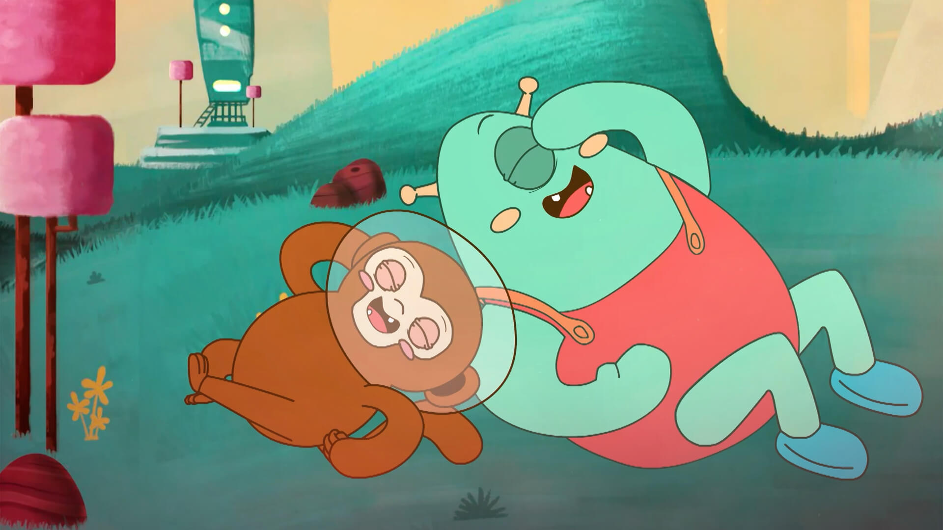 Estrivaldo y el mono se ríen echados en el piso