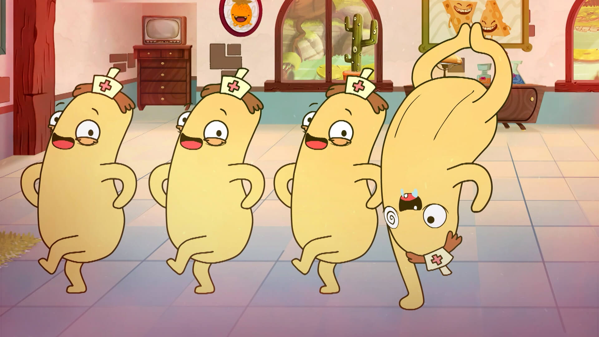 bananos con brazos, piernas y ojos, bananas animadas,  banana loca, cocos bailando, ver cuentitos magicos,  series infantiles, series para niños, series gratis, series online, series de señal colombia