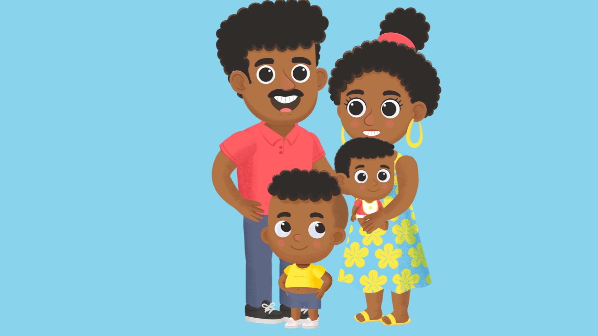 Familia afro de cuatro personas en dibujos animados 