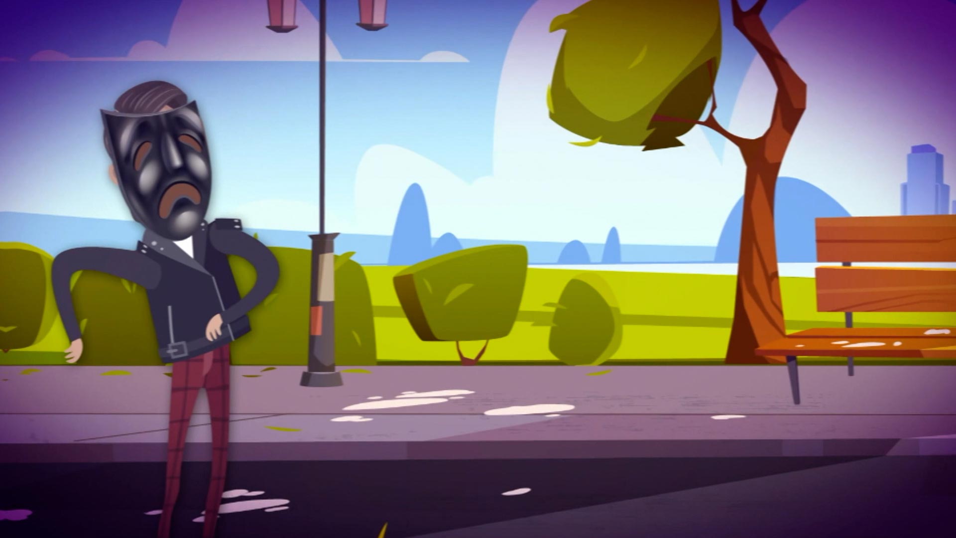 hombre animado con máscara en medio de la calle