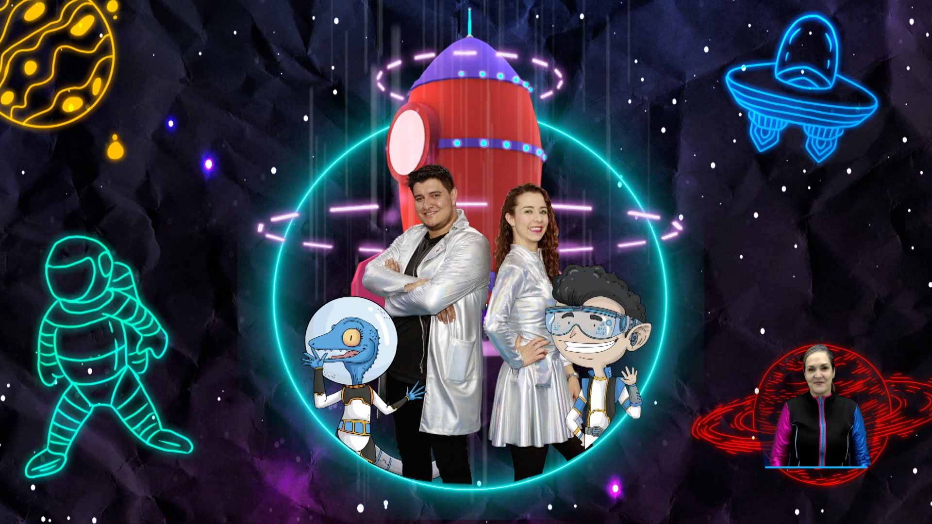 Personajes de Profe en tu casa, planetas, vida en el espacio, universo, astronautas en el espacio