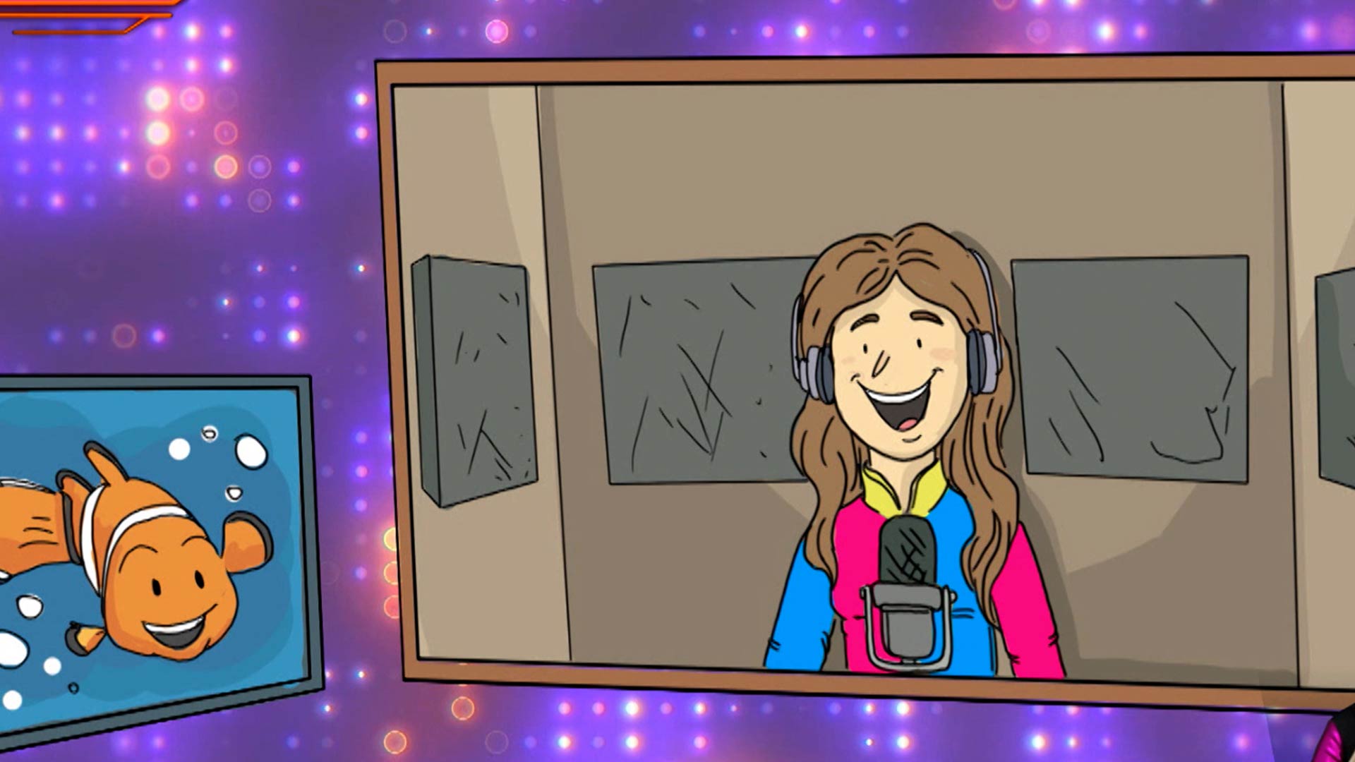 mujer imitando voces en estudio de grabacion, doblaje, voz, hacer personajes, imitar personajes, imitacion, profe en tu casa, series educativas, señal colombia, series divertidas