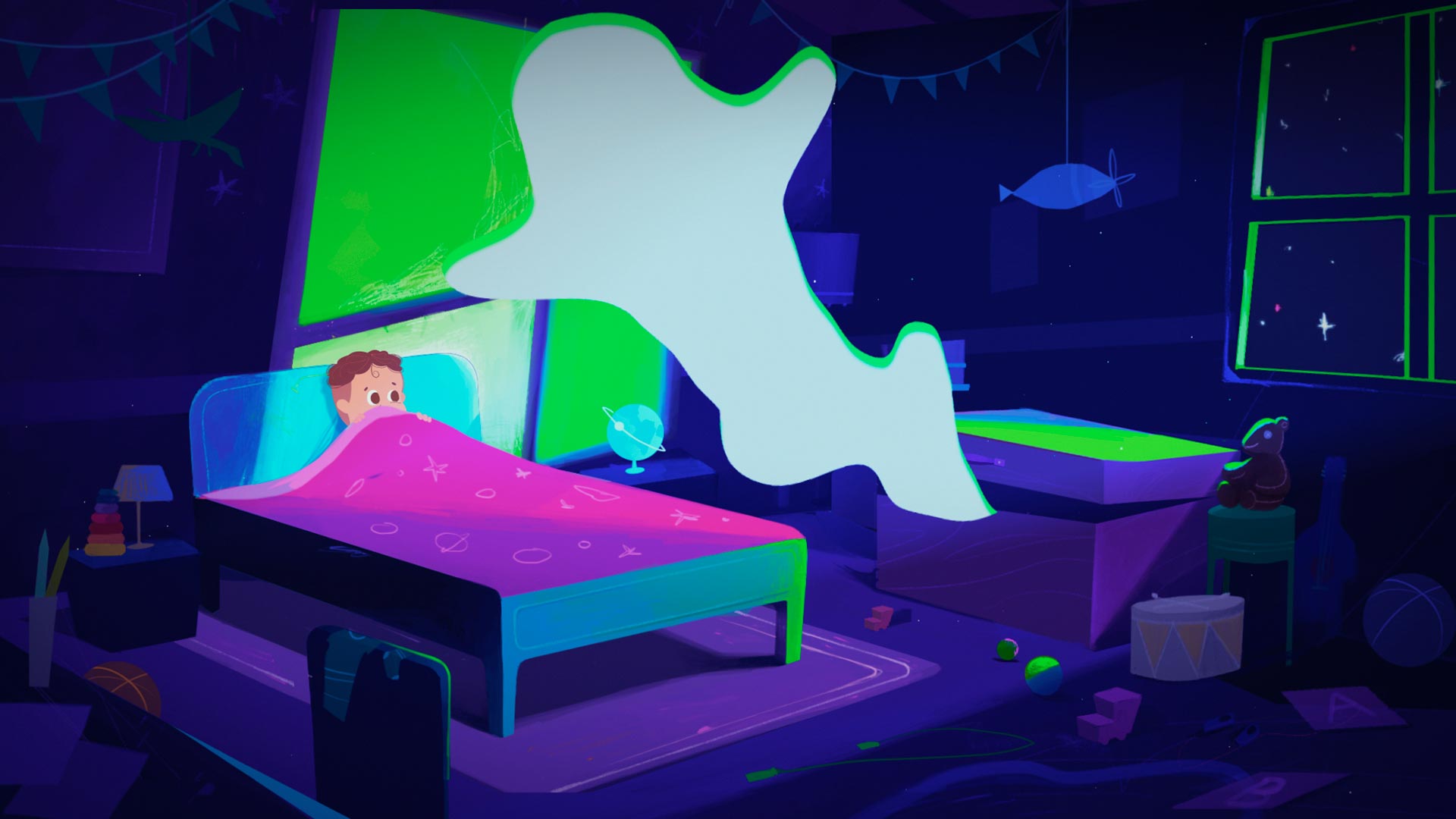 fantasma merodeando sobre la cama de un niño