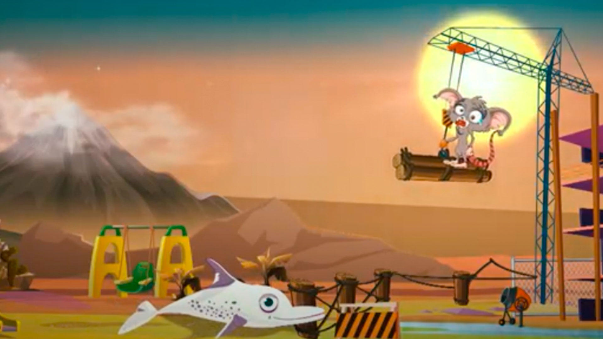 ratón transportándose en una torre grúa en una construcción 