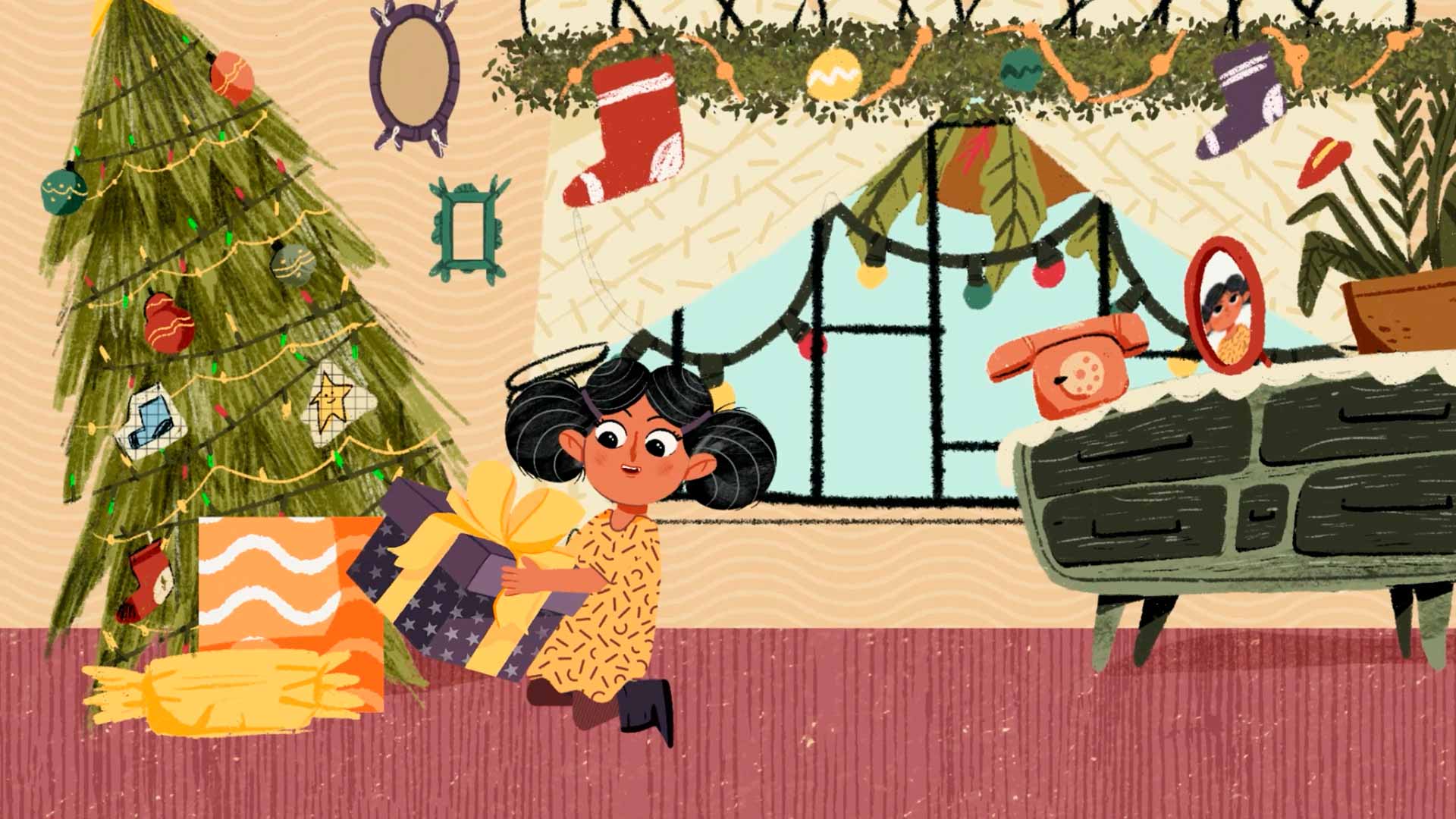 niña que recibe un regalo bajo el árbol de navidad