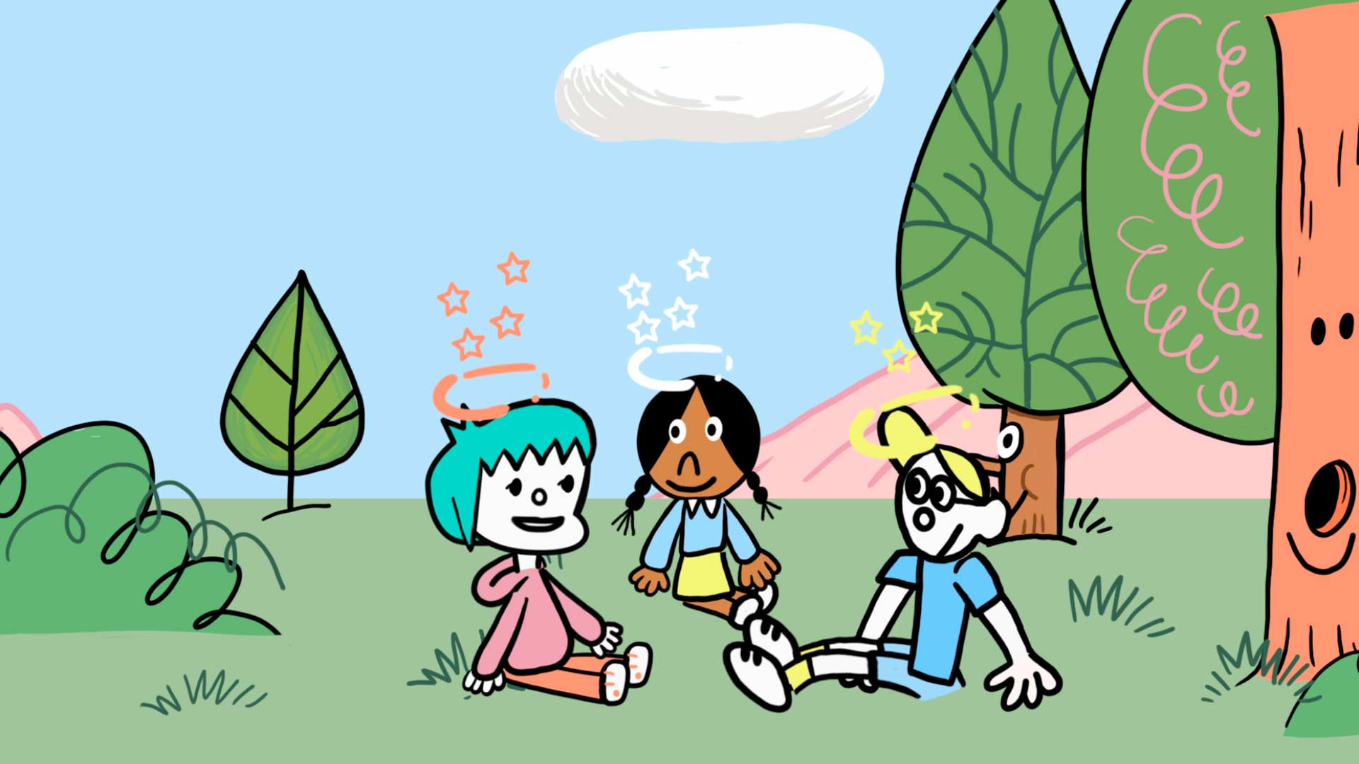 dibujo de tres niños hablando en un parque