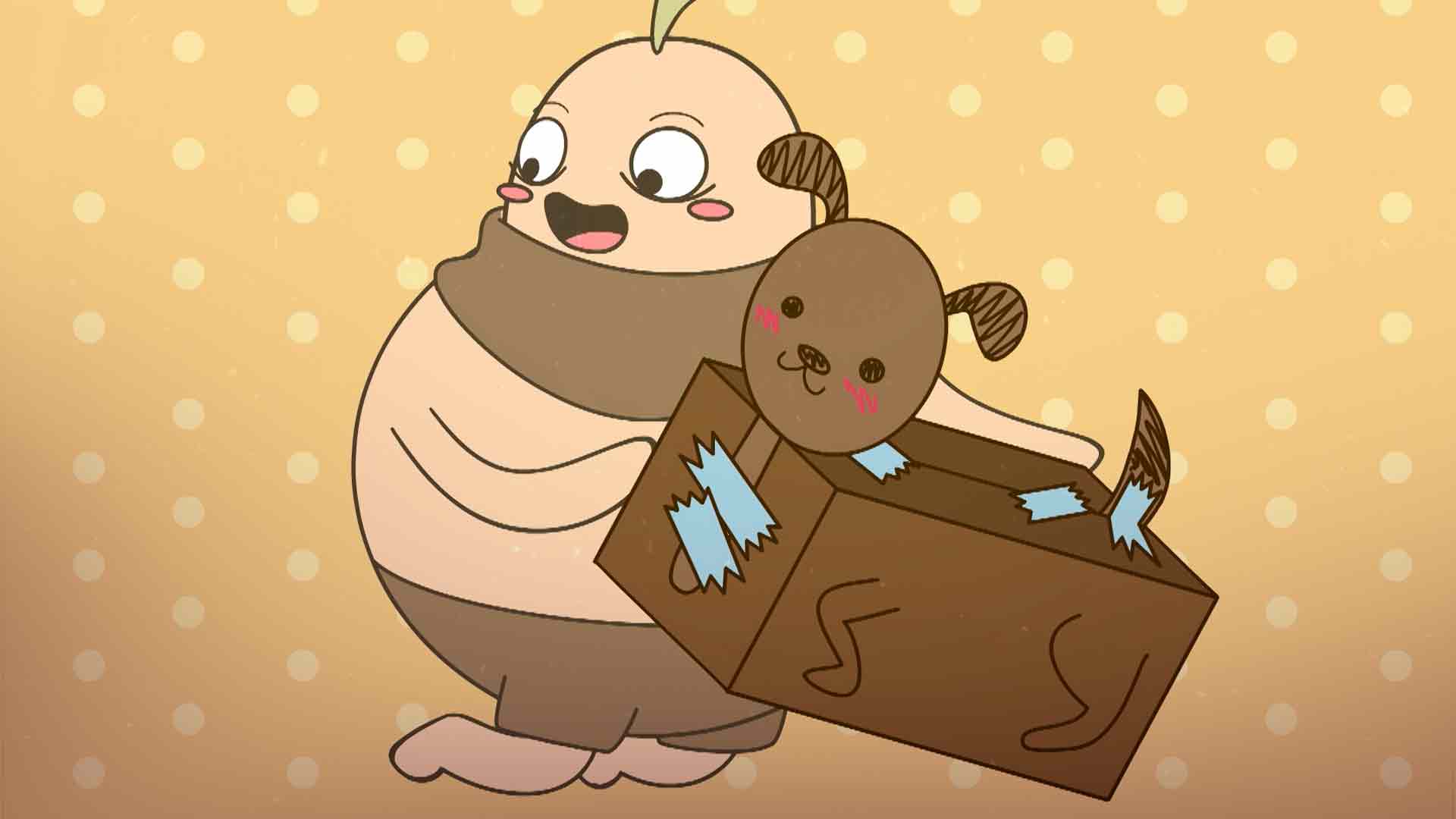 dibujo de una cebollita animada con un peluche de perrito