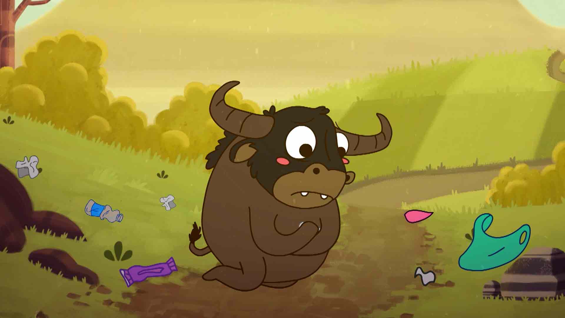 toro animado rodeado de basura