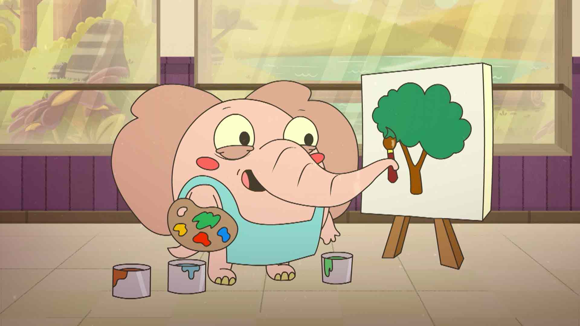 caricatura de elefante bebe pintando un árbol