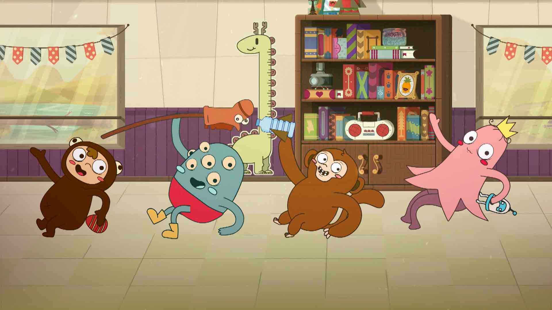 caricatura de animalitos felices en el salón de clase