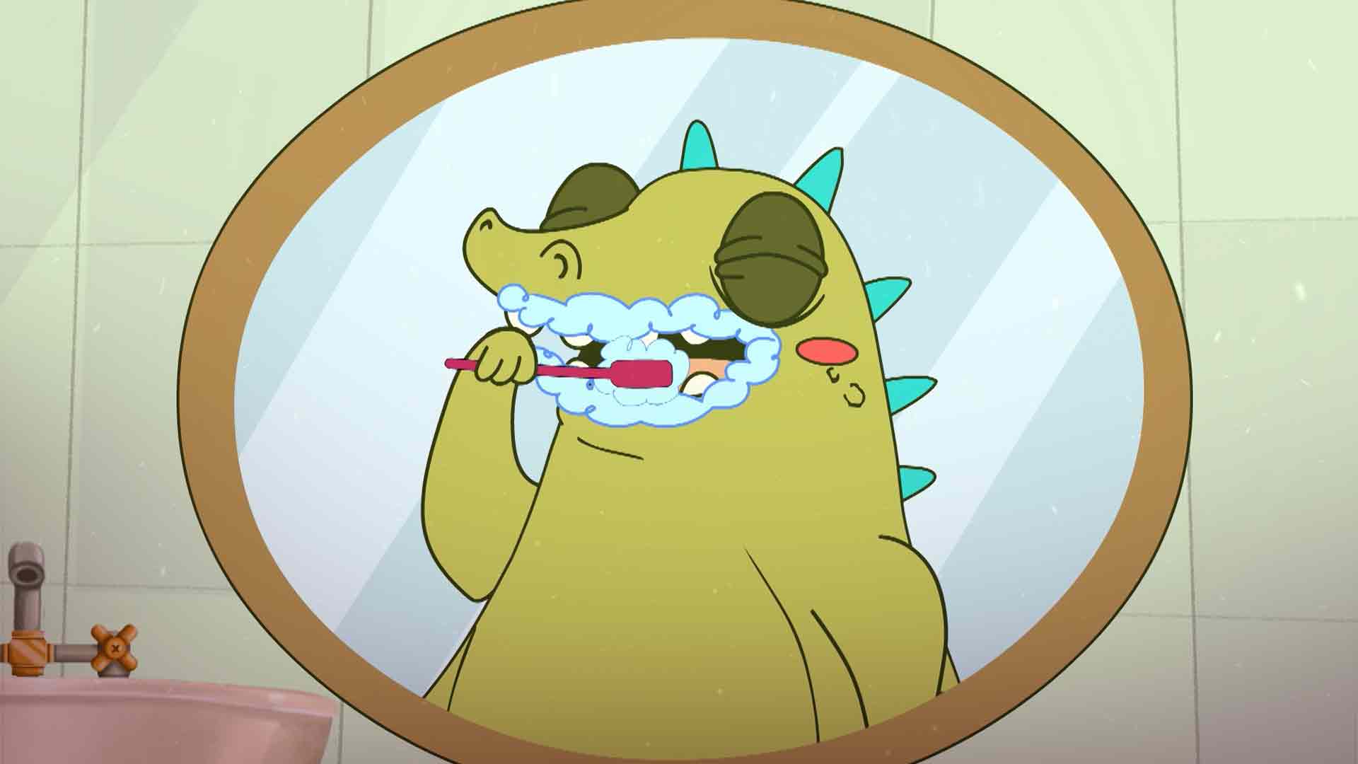 caricatura de un cocodrilo lavándose los dientes