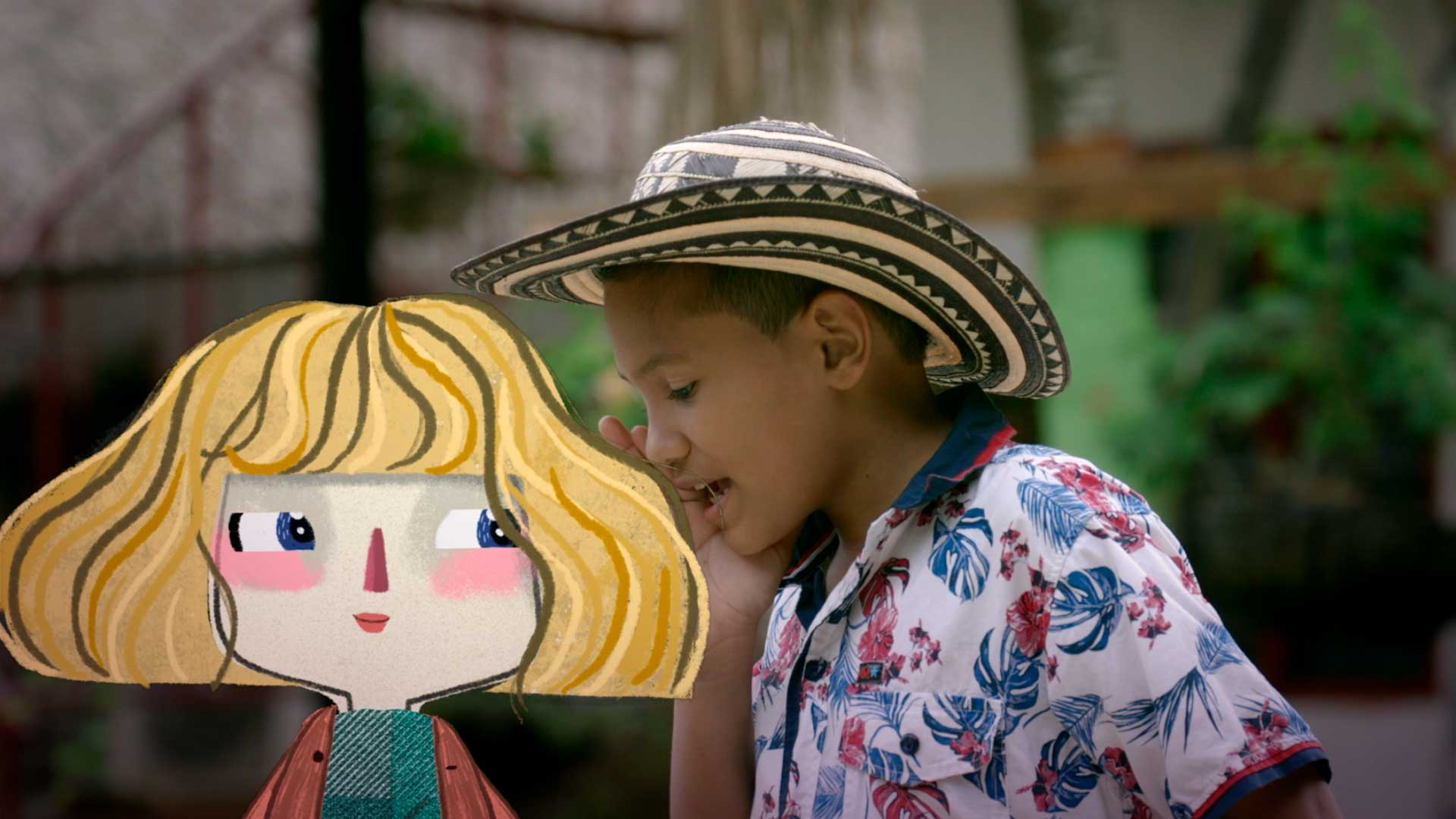 niña animada y niño con sombrero le dice un secreto, niños animados, romance entre niños, lulu y martin, niños colombianos contando cuentos, niños contando cuentos, series infantiles, series online, series gratis, series para niños 