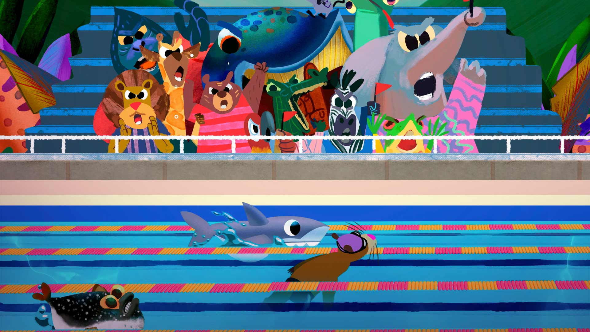 Piscina olímpica con animales espectadores, cuento viajero, entrenamiento, natacion, niños colombianos contando cuentos, niños contando cuentos, series infantiles, series online, series gratis, series para niños 