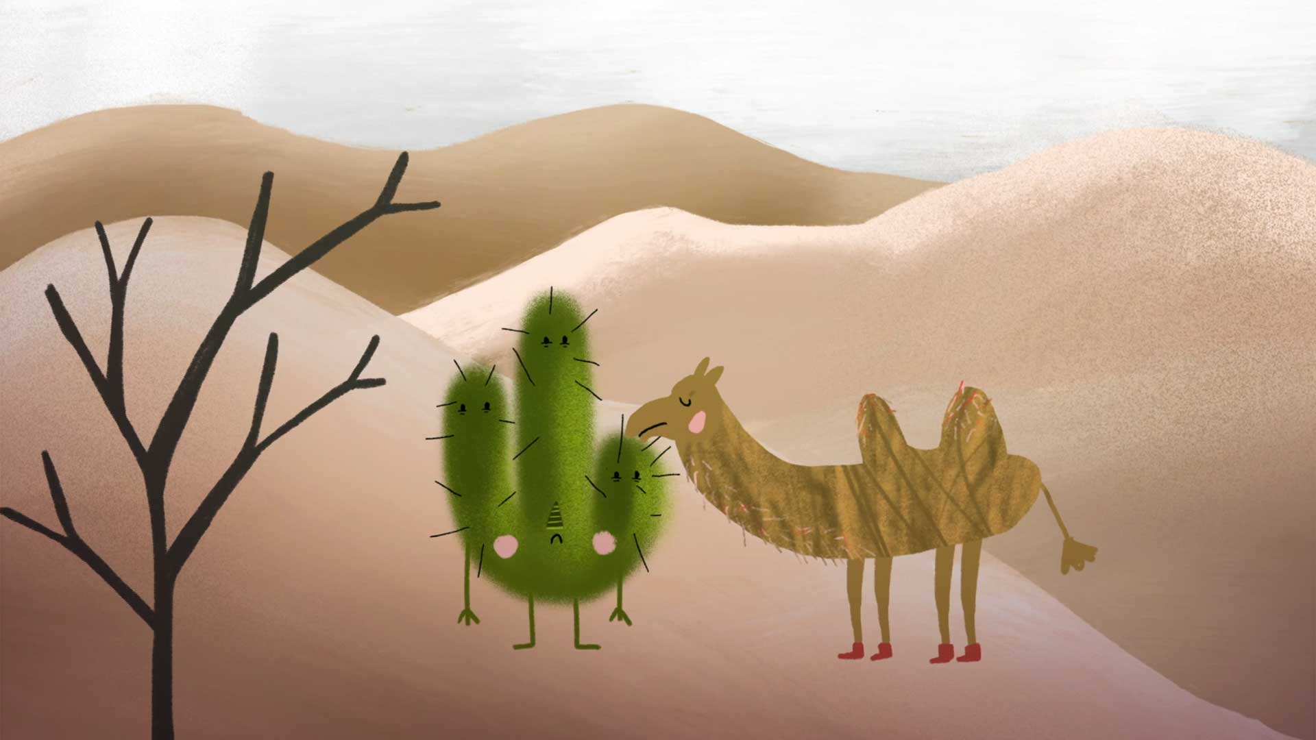 Desierto con camello y cáctus, camellos y cactus animados, nubecitas, nubes animadas, lluvia animada, niños contando cuentos, series infantiles, series online, series gratis, series para niños 