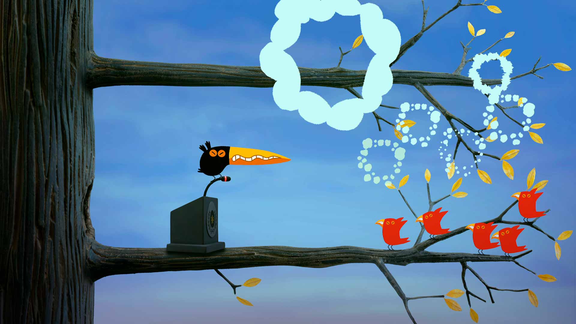 el discurso,  pajaros conquistando, ver dos pajaritos, pajaros animados, pajaros de colores animados, serie infantil, pajaros rojos, series de señal colombia