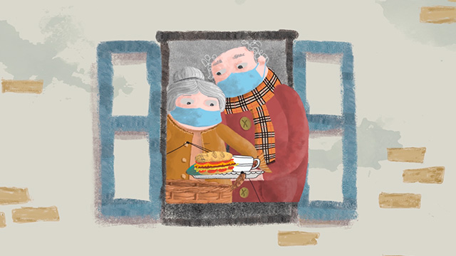 Abuelitos en una ventana en medio de la pandemia