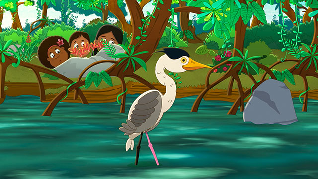 Garza en un río, delfin, animales, niños cantando, niños colombianos, musica para niños, canciones infantiles, karaokes para niños, series online, series gratis, series de señal colombia