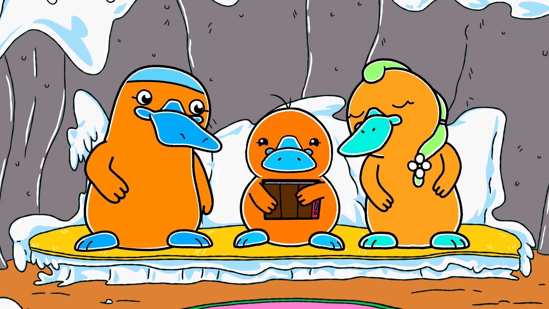 Familia de ornitorrincos animada, Flinko y su familia, animales de Hola Flinko, series infantiles gratis, series colombianas gratis