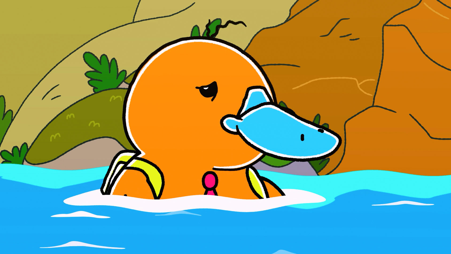 Ornitorrinco animado en un río, hola flinko en rtvcplay, animales latinos, viajar en globo