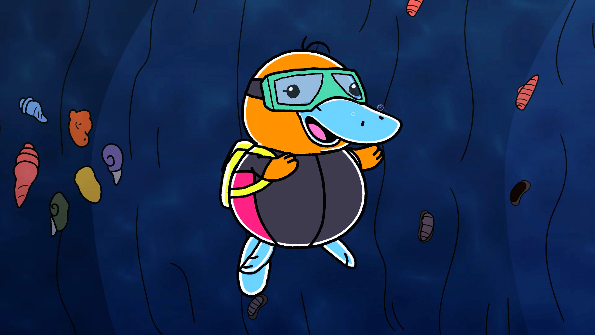 Ornitorrinco animado buceando, hola flinko, animales andinos, aprender sobre animales, series infantiles, series colombianas gratis, series online para niños