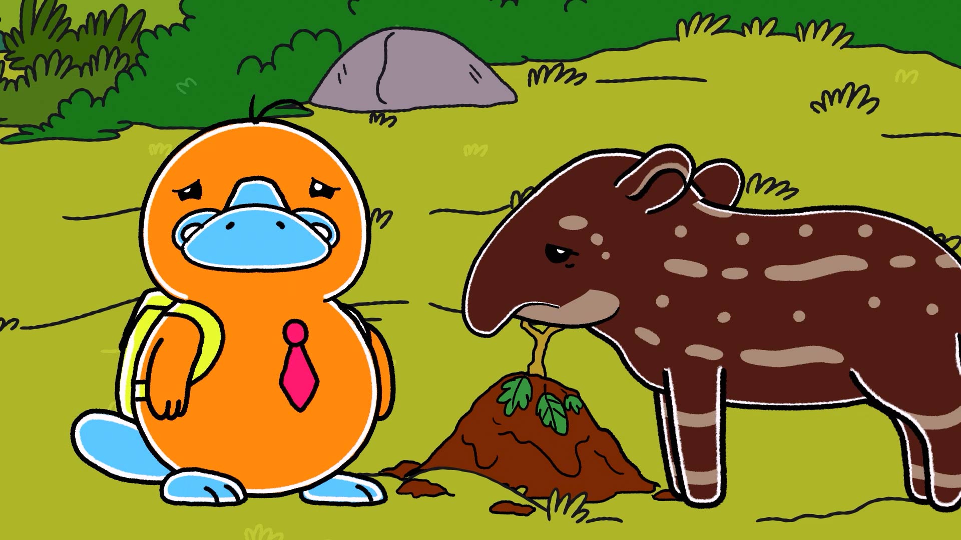 Ornitorrinco junto a tapir animados, series gratis, series infantiles, series de animales, series colombianas gratis, tapir, animales andinos