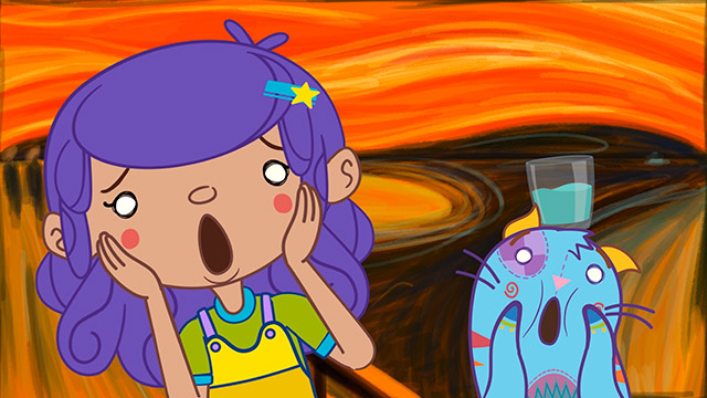 Juani grita, abuelo, obras cubistas, arte en paris, Dalí, Frida y Picasso animados, series online, series infantiles, series gratis, series de señal colombia, ver juani y gaton gratis