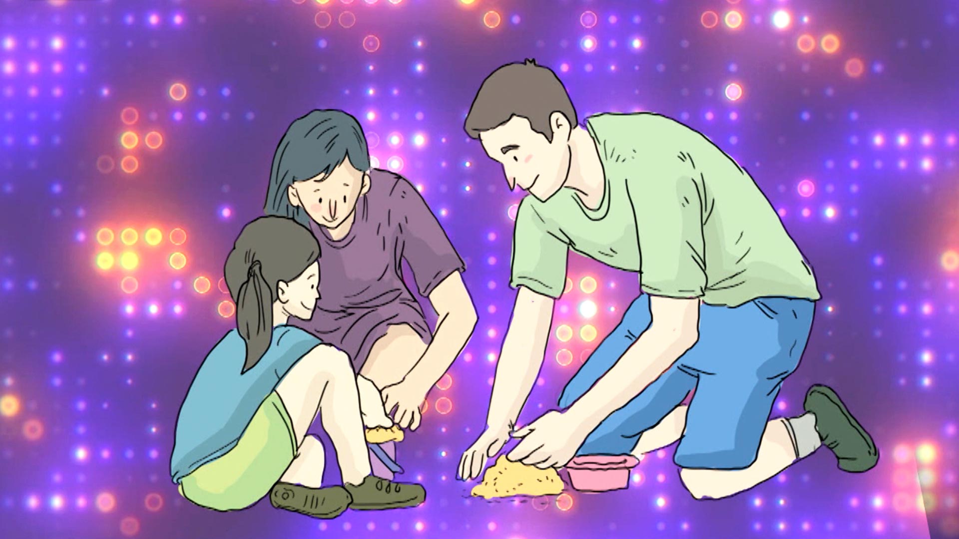 niña animada jugando con sus padres, familia, profe en tu casa, rtvcplay, hogar, roles en el hogar, paternidad responsable, series educativas