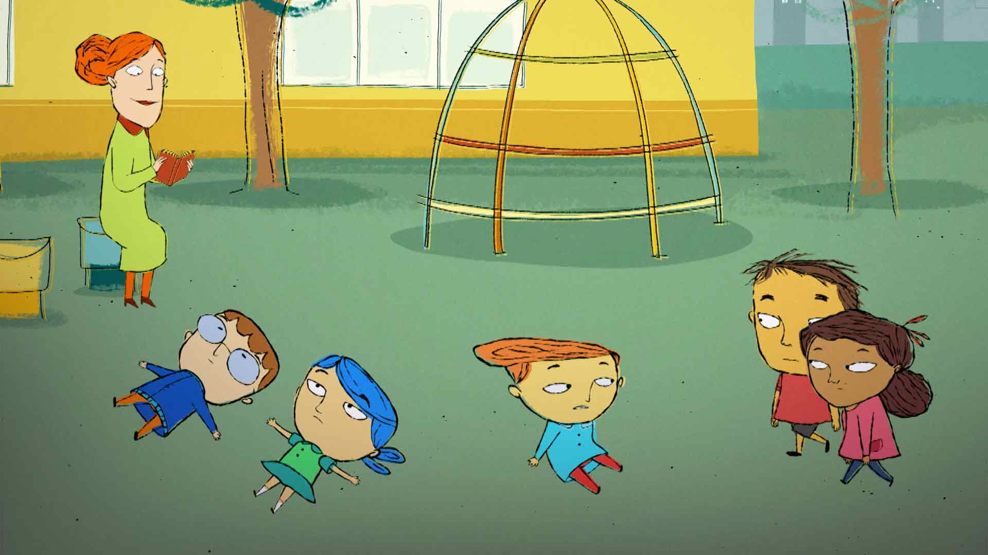 Petit con sus compañeros en el recreo, diversion, controlar el tiempo, amistad, series infantiles, series online, series gratis, series para niños, series de rtvcplay