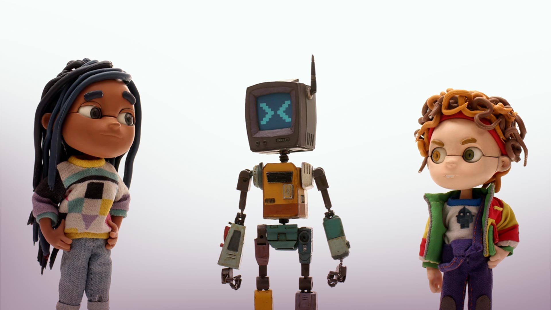 Dos personajes de niñas y un robot mirándose, las mentiras, zander, ver Zander gratis, series infantiles gratis, series online, series gratis, series animadas