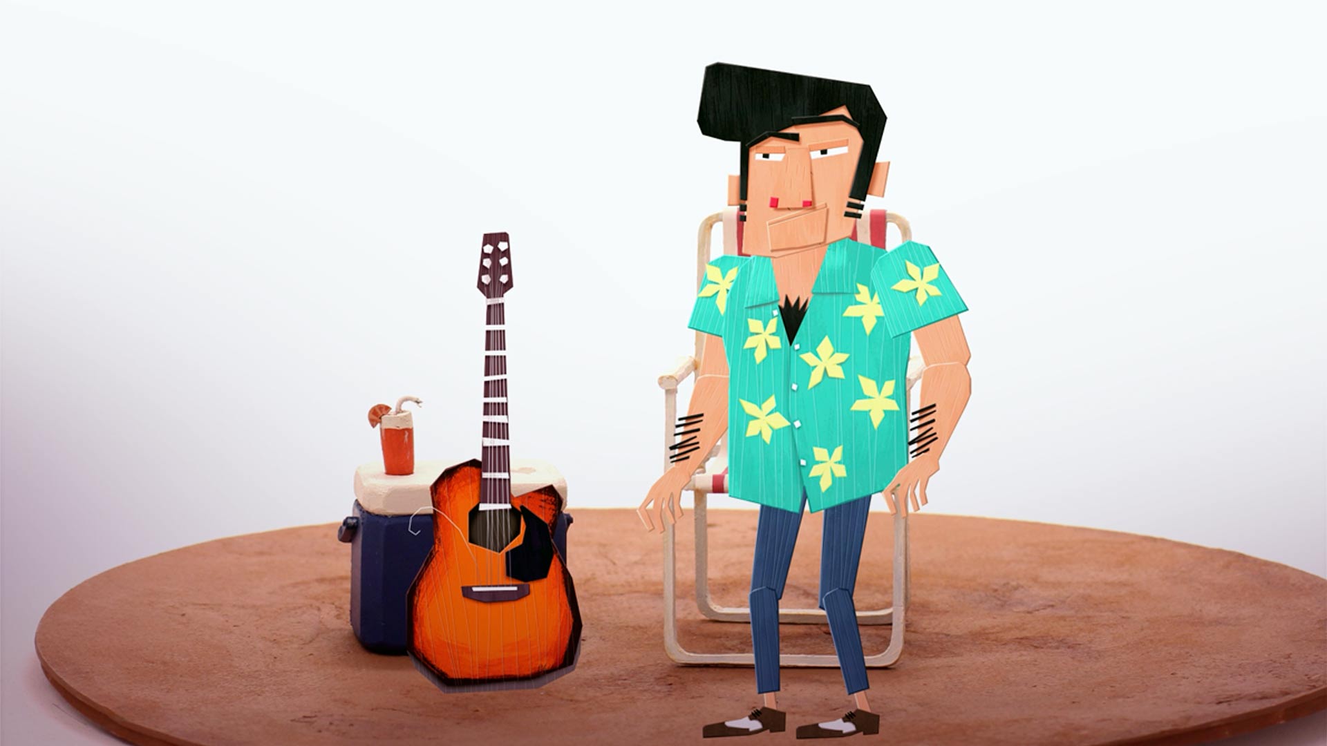 Hombre con camisa papayera, al lado de una asoleadora, guitarra, una nevera y un coctél, zander,  ver Zander gratis, series infantiles gratis, series online, series gratis, series animadas