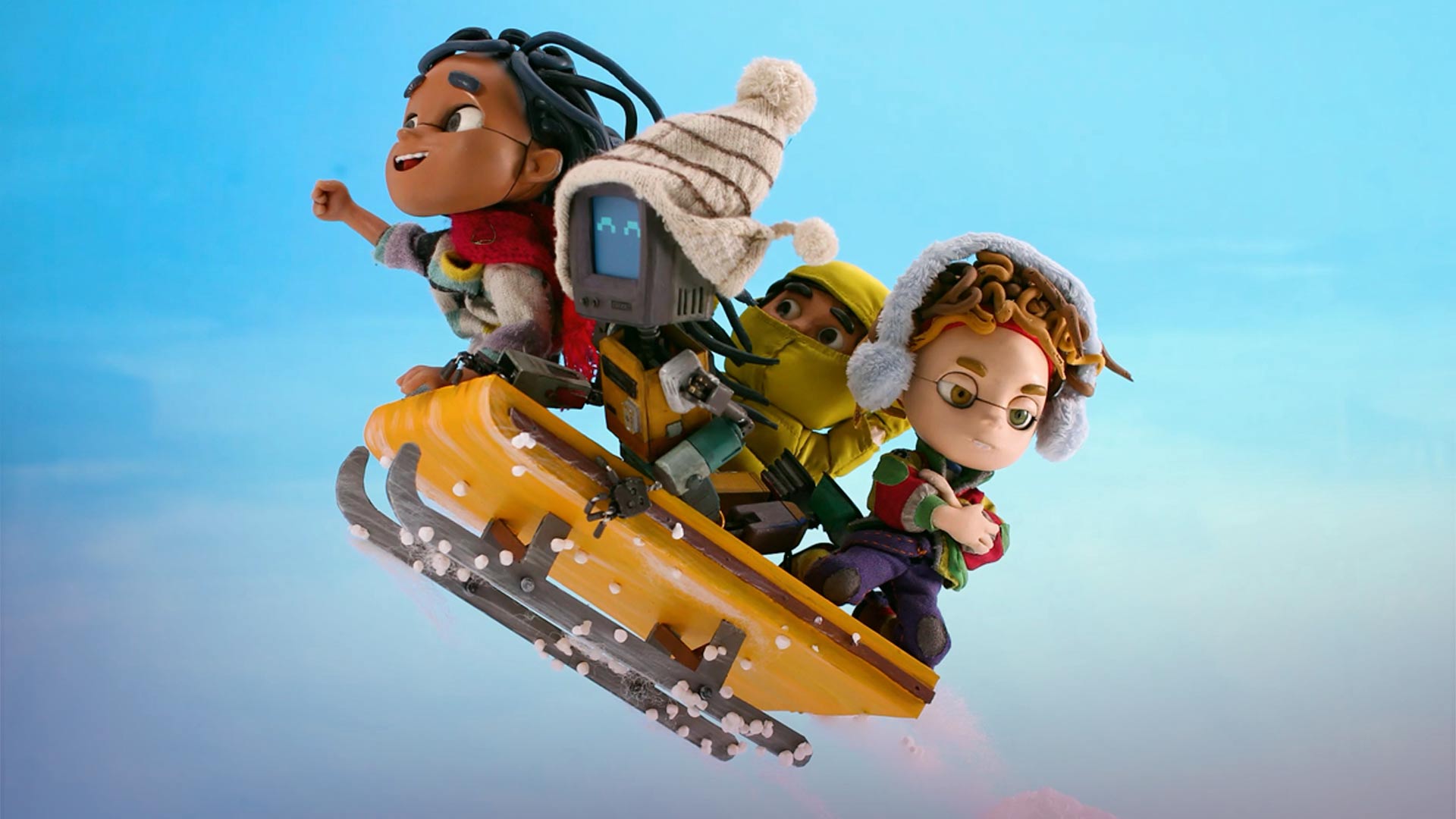 cuatro personajes volando en un trineo, El tiempo, Zander, ver Zander gratis, series infantiles gratis, series online, series gratis, series animadas