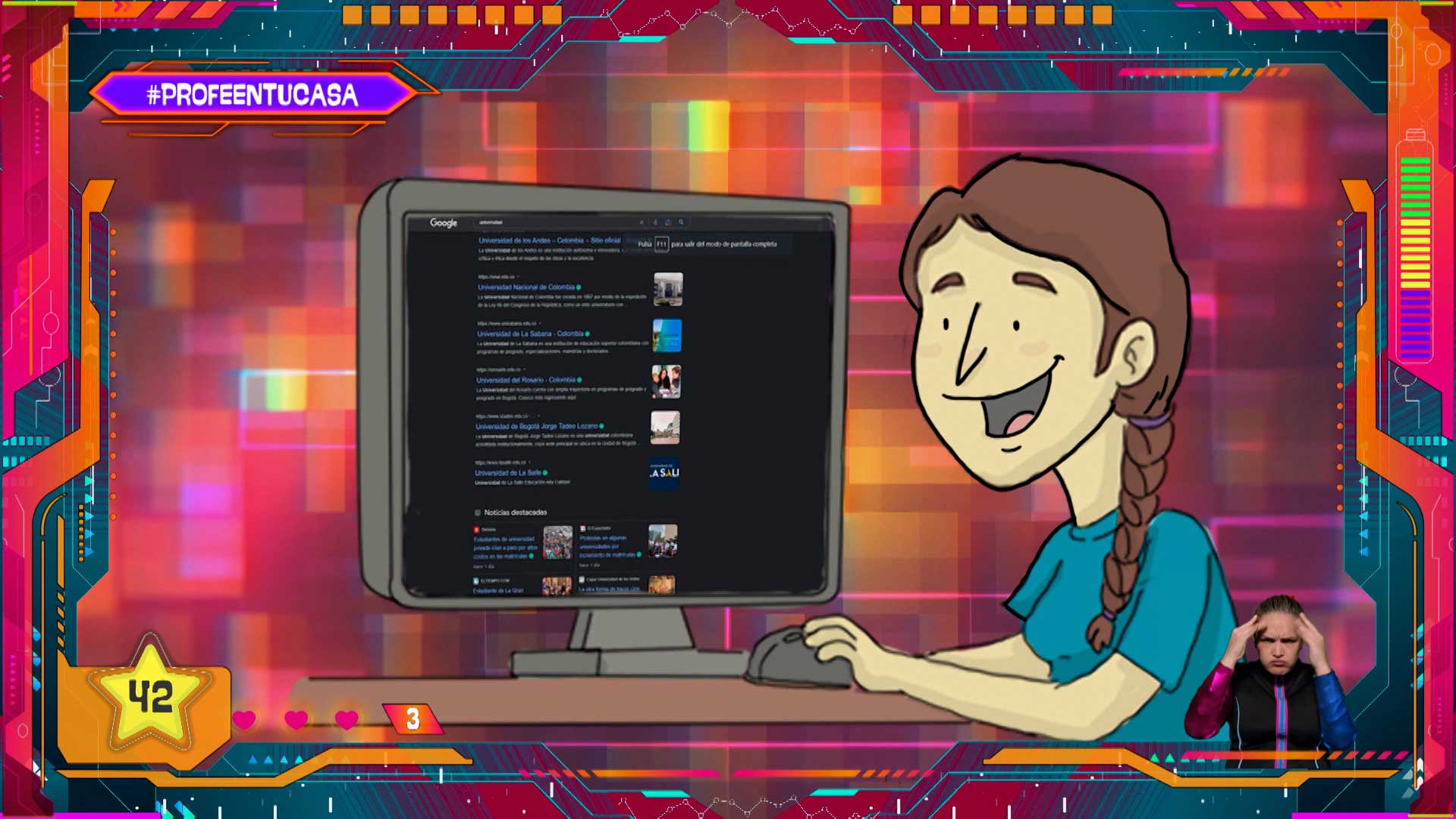 dibujo de niña usando un computador, carrera profesional, sistemas, tecnologia en colombia, tecnologia, computadores, profe en tu casa, series educativas, señal colombia, series divertidas