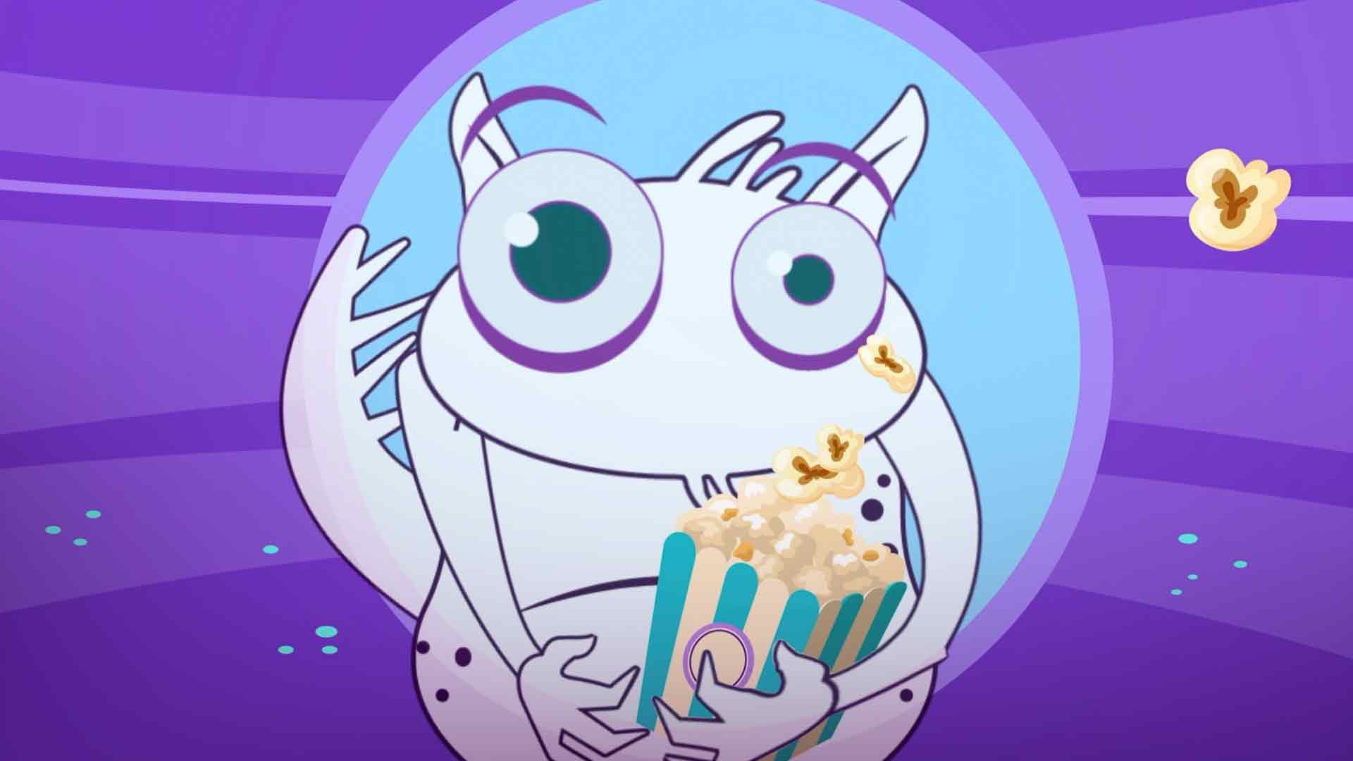 monstruo comiendo palomitas de maíz, por que las palomitas de maiz explotan, secretos de las palomitas de maiz, series educativas, series gratis, series online, series infantiles, series juveniles