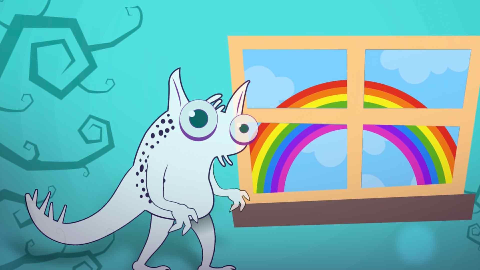 monstruo mirando el arco iris por la ventana, arco iris, secretos sobre el arco iris, series educativas, series gratis, series online, series infantiles, series juveniles